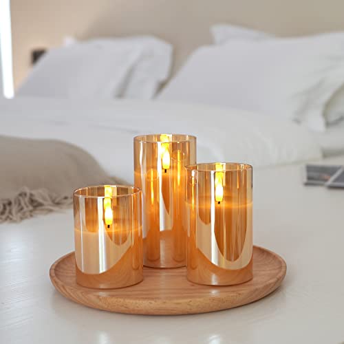 Gold Glass Flameless LED Candles Battery Operated with Remote Timer (3 Count)