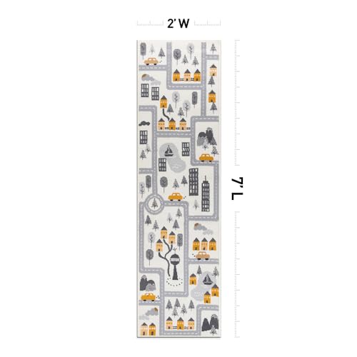 Kids Play Road Cityscape Playroom Runner Rug Cream 2' x 7'