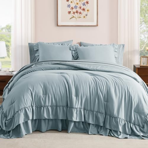 Queen Comforter Set Dusty Blue Ruffle 7 Pieces Farmhouse Bed in a Bag