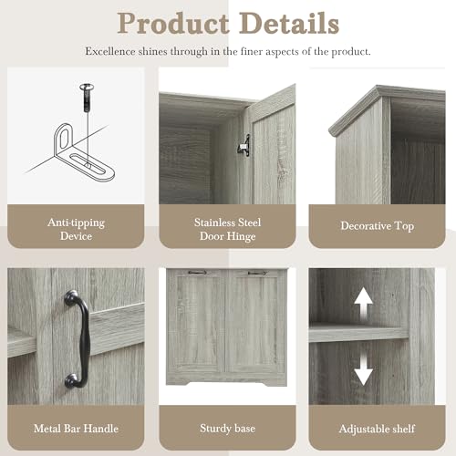 68" Tall Bathroom Storage Cabinet with One Door and Two Laundry Hampers for Home Display Organizer