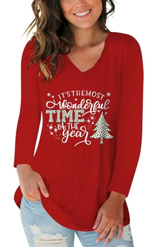 Merry Christmas Shirt for Women Christmas Tree Tees Tops Letter Xmas Tree Graphic Print Female T Shirt Red XL