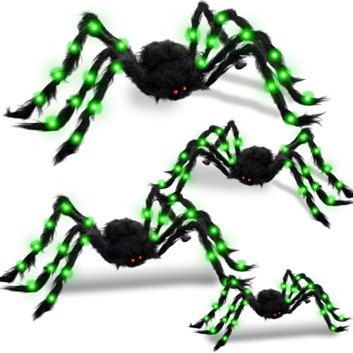 4 Pack Large Halloween Light up Spiders Decorations 4ft 2.9ft 2.4ft 2ft Black Fake Giant Light up Spider Bendable Outdoor Yard for Halloween Garden Party Decor (Green)
