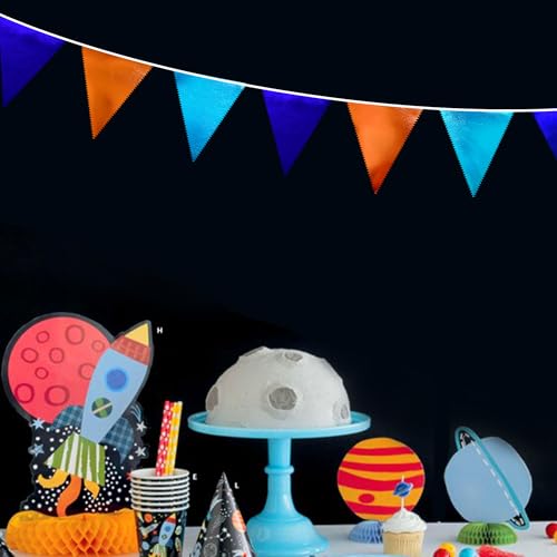 Orange Blue Party Decorations Metallic Fabric Triangle Pennant Flag Bunting Banner Garland for Birthday Baby Shower Graduation Bridal Shower Wedding Bachelorette Engagement Space Theme Party Supplies (36 Count)