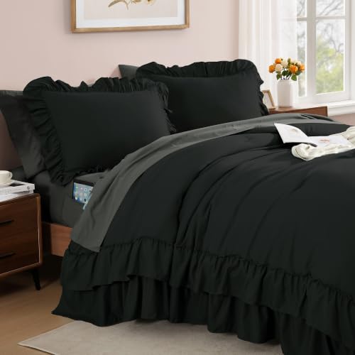 King Size Comforter Set Black Ruffle 7 Pieces Farmhouse Bed in a Bag