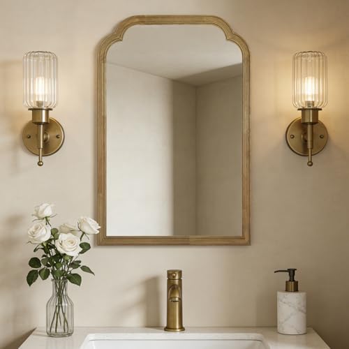 Wood Frame Wall Mirror Rounded Corner Arch Rectangle Mirror for Entryway