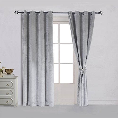 Super Soft Luxury Velvet Set of 2 Silver Gray Classic Blackout Curtains Panels Home Theater Grommet Drapes Eyelet 52Wx96L inch Light Grey
