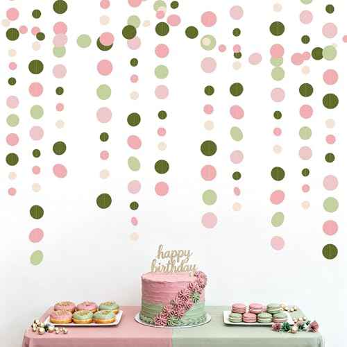 Sage Green and Dusty Pink Polka Dots Garlands Olive Green Dusty Rose Beige Hanging Paper Circle Dots Streamer for Girls Birthday Wedding Shower Engagement Bachelorette Party Decorations Supplies
