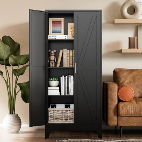 Black Farmhouse Storage Kitchen Pantry Cabinet with 2 Barn Door