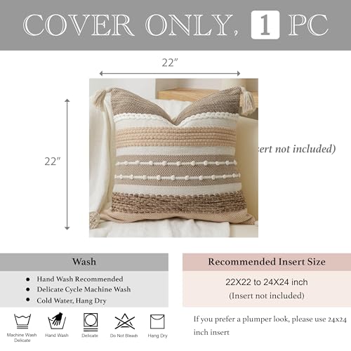 Boho Decorative Throw Pillow Cover 22x22 Square Brown Accent Pillowcase Tassels Farmhouse Cushion for Couch Sofa Bedroom Livingroom Home Décor Cover ONLY