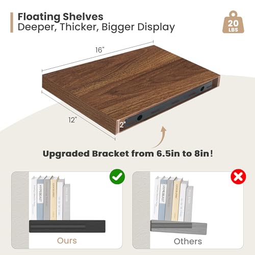 16 x 12 Deep Floating Shelves Wall Mounted Set of 2 Walnut (2 Count)
