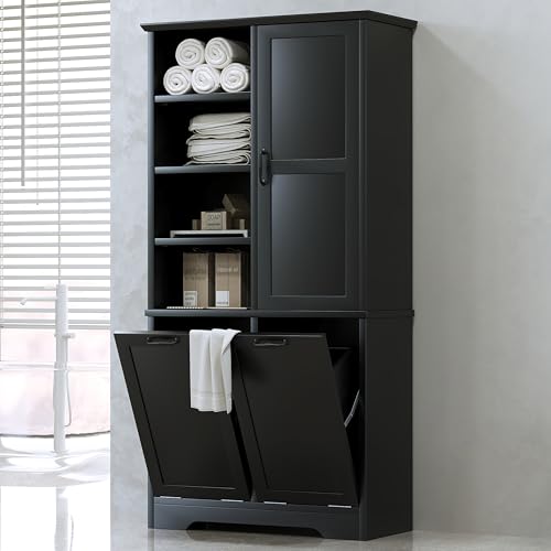 68" Tall Bathroom Storage Cabinet with One Door and Two Laundry Hampers for Home Display Organizer