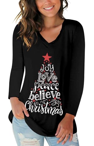 Merry Christmas Shirt for Women Loose Fit Christmas Tee Shirts Funny Graphic Long Sleeve Pulllover Tops Black L