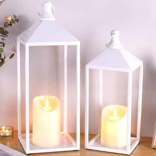 White Decorative Lantern Decor 17" 13" Set of 2 Wedding Lantern with Candle (2 Count)