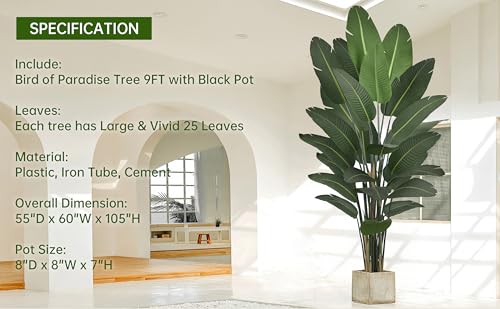 Artificial Bird of Paradise Tree 9FT 25 Thick Matte Texture Leaves Tall Large Fake Faux Tropical Traveler's Palm Banana Leaf Plant 108 Inch Black Pot for Indoor Home Office Poolside Decor