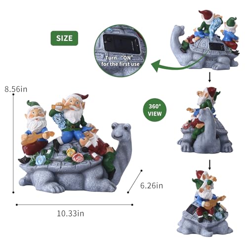 Solar Garden Outdoor Statues Gnome Turtle Three Gnomes Having Party on Turtle with 7 LED Lawn Decor Outside Decorations for Patio