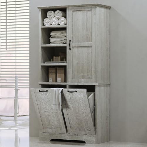 68" Tall Bathroom Storage Cabinet with One Door and Two Laundry Hampers for Home Display Organizer
