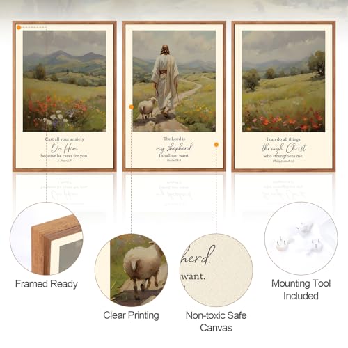 3 Pcs Jesus Scripture Landscape Framed Canvas Wall Art 24x36 Inch (3 Count)