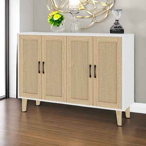 Panana Buffet Storage Cabinet with Rattan Decorating 4 Doors Living Room Kitchen Sideboard 48.43 x 34.65 x 15 inch (White)