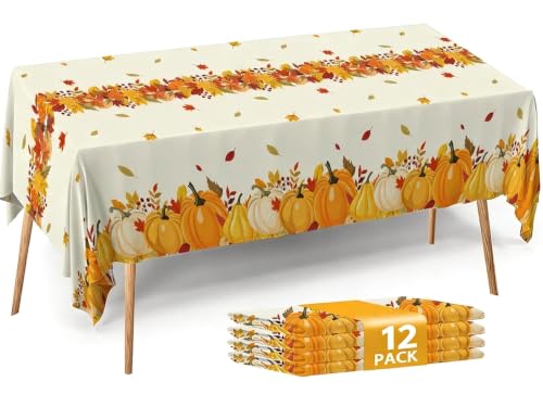 Fall Plastic Tablecloth 12 Packs Thanksgiving Disposable Table Cloth 54x108 Rectangle Table Cover with Pumpkin & Maple Leaf for Holiday Dinner Party Decorations Outdoor Picnic & Baby Showers
