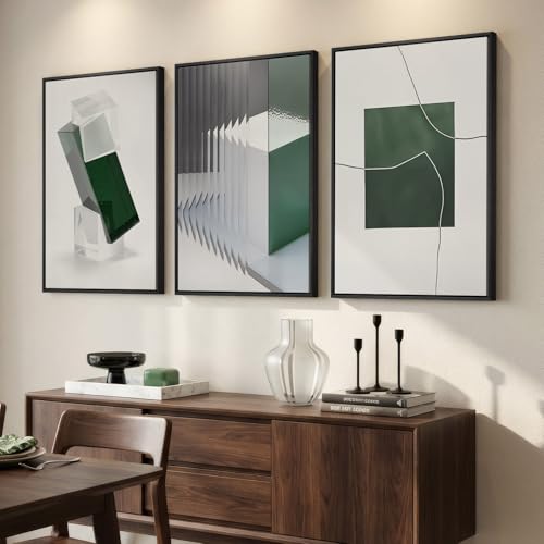Large Framed Green White Abstract Wall Art for Living Room (3 Count)