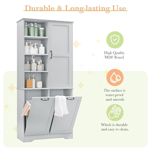 68" Tall Bathroom Storage Cabinet with One Door and Two Laundry Hampers for Home Display Organizer