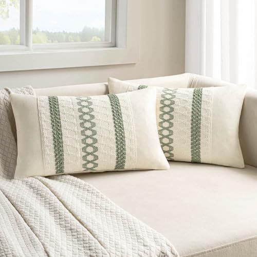 Set of 2 Sage Green Boho Decorative Lumbar Pillow Covers 12x24 Inch (2 Count)