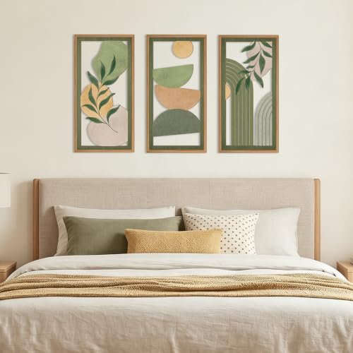 Boho Sage Green Wood Wall Art Framed 12X24 Inch Mid Century Minimalist Botanical Artwork Abstract Geometric Line Wall Decor for Living room Bedroom Set of 3
