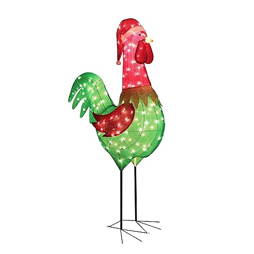 6FT Lighted Rooster with Christmas Hat for Outdoor Christmas Decorations