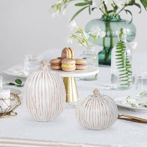 2Pcs Halloween Pumpkin Artificial Resin Pumpkins Decor for Mantel Harvest Autumn Tabletop Decoration Gold Fall Pumpkin Decorations Thanksgiving Table Centerpieces (2 Count)