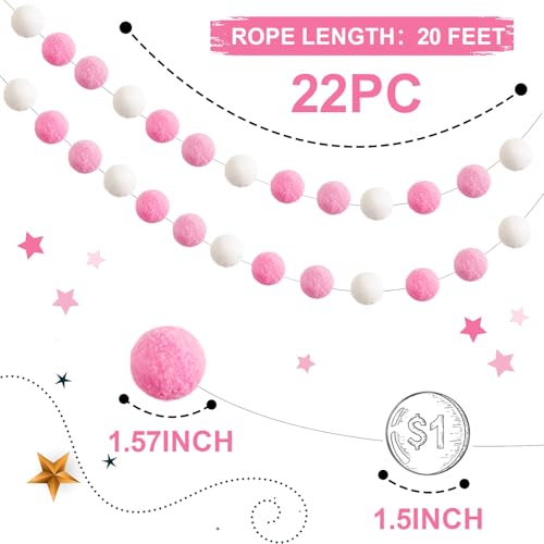 3pk Pink Pom Pom Garland 20FT Colorful Large Felt Ball Garland for Mantle