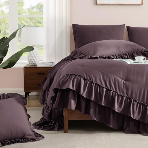 Oversized Queen Comforter Set Dark Purple Ruffle 7 Pieces Bed in a Bag