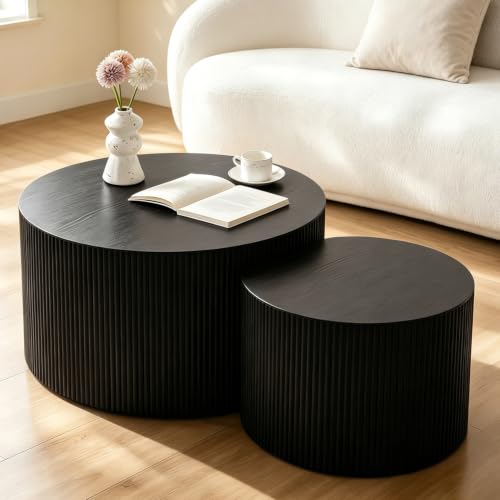 Black Round Fluted Nesting Coffee Table Set of 2