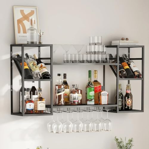 Black Bar Shelf with Integrated Glass Rack for Liquor Display