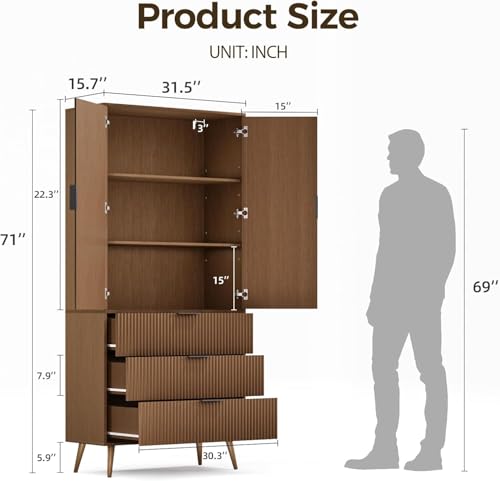 Fluted Tall Cabinet Kitchen Pantry with Adjustable Shelves