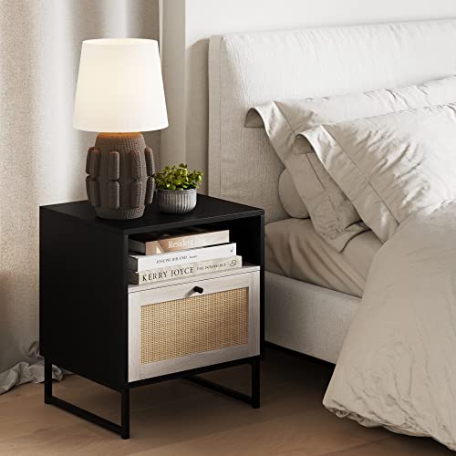 Mina Rattan Wood End Side Accent Table Nightstand with Storage for Living Room or Bedroom