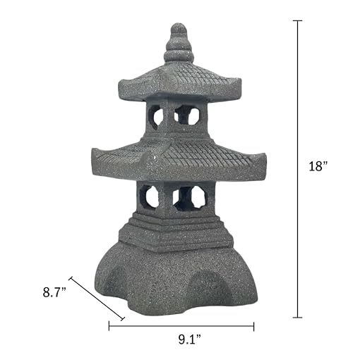 2 Tier Pagoda Garden Statue LED Solar Powered Light 18" Tall Outdoor Zen Garden Lantern Landscape Lawn Asian Pagoda Stupa Decor Grey Resin
