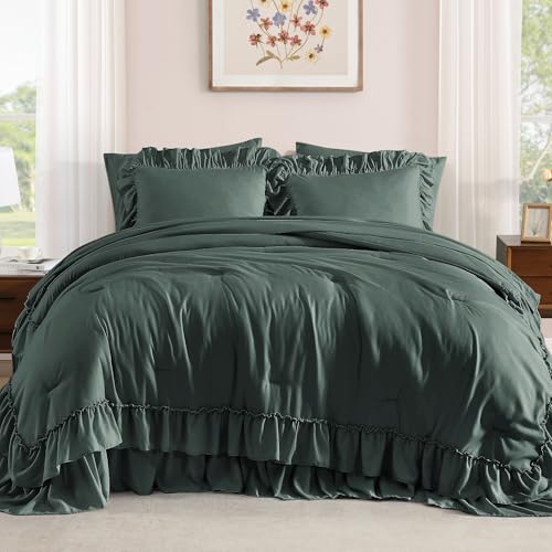 Full Size Comforter Set Forest Green Ruffle 7 Pieces Farmhouse Bed in a Bag