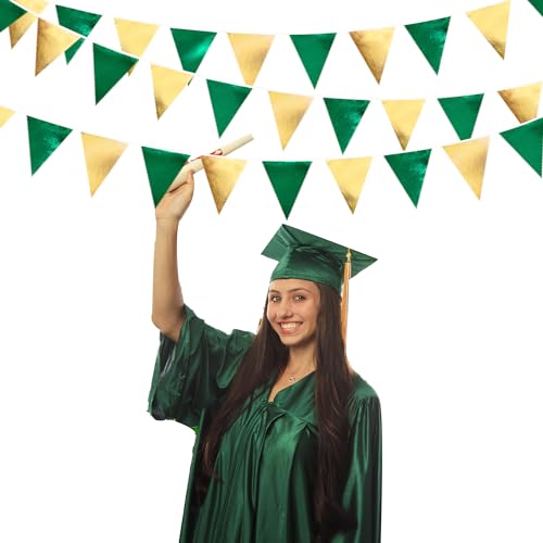 Green Gold Party Decorations Metallic Fabric Triangle Pennant Banner Flag Bunting Garland for Graduations Birthday Retirement Wedding Shower Spring Summer Master Golf Themed Outdoor Party Supplies