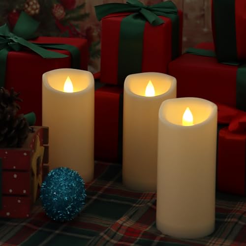 Waterproof Outdoor Battery Operated Flameless Candles with Timer Flickering Plastic Resin Electric LED Pillar Lights for Lantern Patio Garden Wedding Party Decorations 3x7 Inches 3 Pack (3 Count)