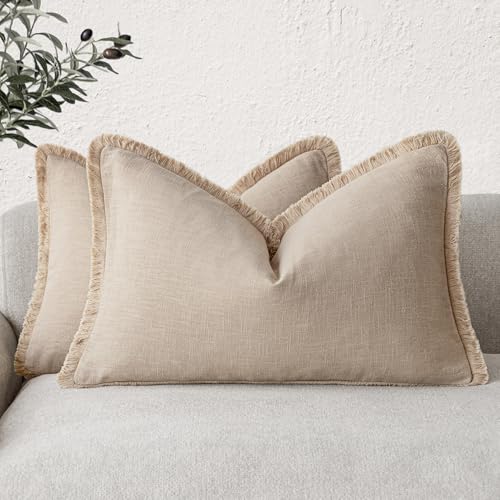 Boho Linen Fringe Lumbar Throw Pillow Covers 12×20 Tan Beige (2 Count)