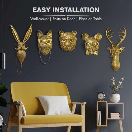 5 PCS Animals Head Wall Art Sculptures 17 inchs Gold Office Vintage 3D Wall Decor Art for Whimsigoth Home Wall Decor Lightweight Material Accent Wall Hanging Room Decor Maximalist Decor