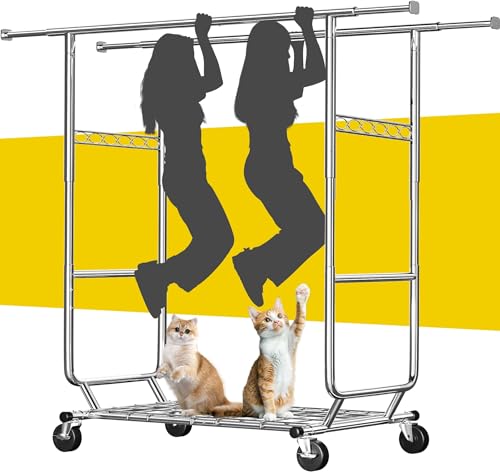 Heavy Duty Clothes Rack 650LBS Double Rods with Shelf Collapsible