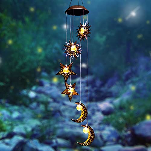 Solar Wind Chimes for Outside with Sun Moon Star Solar Hanging Lights Windchimes Outdoors Garden Decor Gifts for Mother