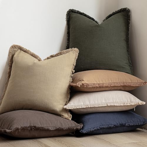 Decorative Linen Fringe Throw Pillow Covers 22×22 Light Khaki (2 Count)