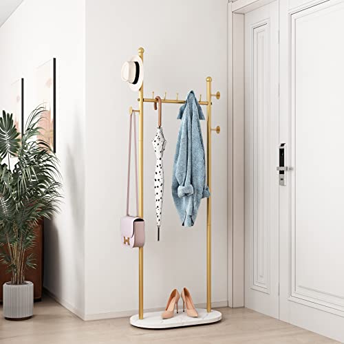 Gold Clothing Racks with Marble Base Modern Coat Racks Freestanding Gold Clothes Rack with Shelves for Bedroom Heavy Duty Garment Racks in Hallway