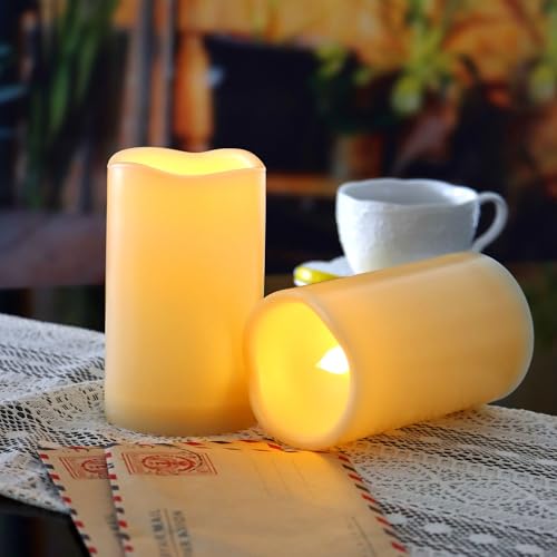 Outdoor Battery Operated Flameless LED Pillar Candles Remote D3”xH5” 2 Pack (2 Count)
