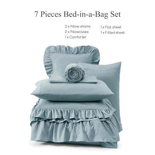Queen Comforter Set Dusty Blue Ruffle 7 Pieces Farmhouse Bed in a Bag