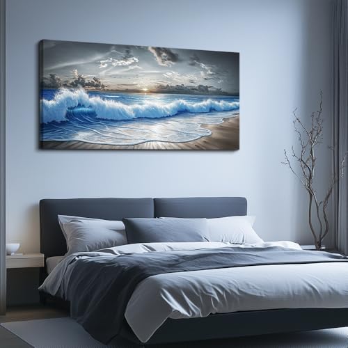 Large Canvas Wall Decor For Living Room Wall Art For Bedroom Office Dining room Decor Modern Black White And Blue Ocean Wave Painting Printed Artworks Wall Pictures Home Decor 24"X48"