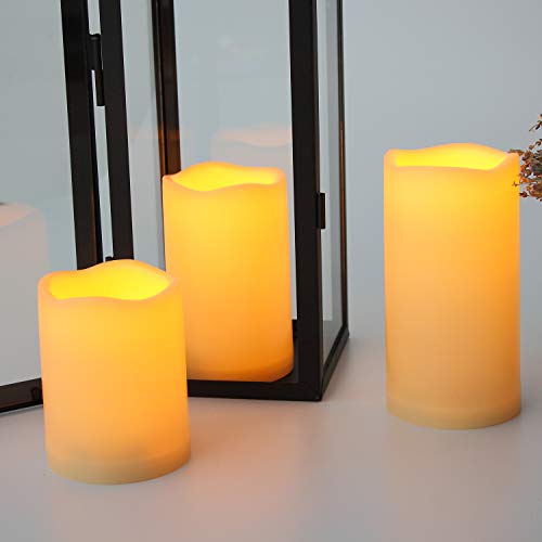 Outdoor Battery Operated Flameless LED Pillar Candles Remote Timer 3 PCS