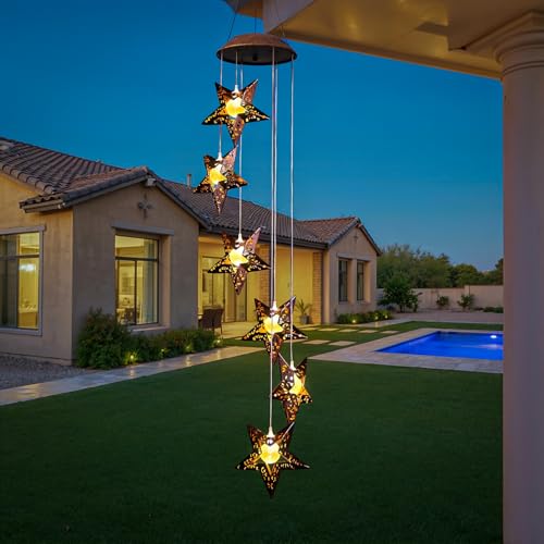 Solar Wind Chimes Star Wind Chime Warm LED Hanging Solar Lights Unique Garden Decor Memorial Thanksgiving Gifts for Mom Grandma Sister Home Party